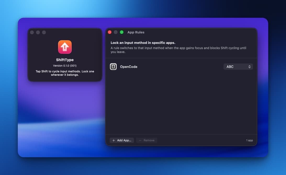 ShiftType About panel and App Rules window with a rule locking an app to the ABC input method